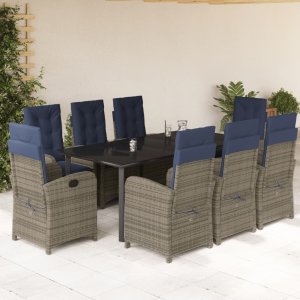 vidaXL VidaXL 9 Piece Patio Dining Set with Cushions Gray Poly Rattan 1