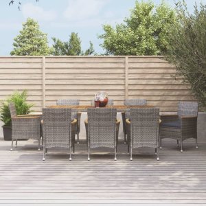 vidaXL VidaXL 9 Piece Patio Dining Set with Cushions Gray Poly Rattan 1