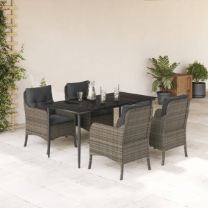 vidaXL VidaXL 5 Piece Patio Dining Set with Cushions Gray Poly Rattan 1