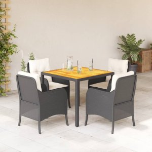 vidaXL VidaXL 5 Piece Patio Dining Set with Cushions Black Poly Rattan 1