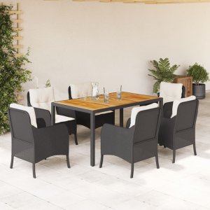 vidaXL VidaXL 7 Piece Patio Dining Set with Cushions Black Poly Rattan 1