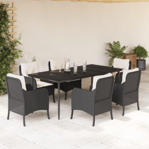 vidaXL VidaXL 7 Piece Patio Dining Set with Cushions Black Poly Rattan 1