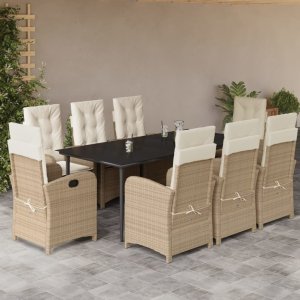 vidaXL VidaXL 9 Piece Patio Dining Set with Cushions Beige Poly Rattan 1