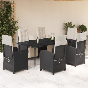 vidaXL VidaXL 7 Piece Patio Dining Set with Cushions Black Poly Rattan 1