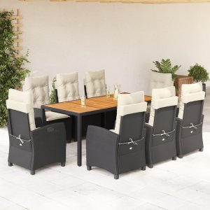 vidaXL VidaXL 9 Piece Patio Dining Set with Cushions Black Poly Rattan 1