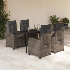 vidaXL VidaXL 5 Piece Patio Dining Set with Cushions Gray Poly Rattan 1