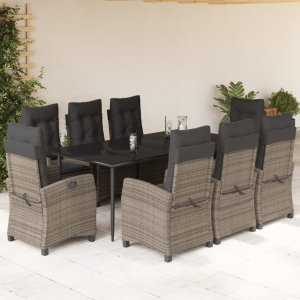 vidaXL VidaXL 9 Piece Patio Dining Set with Cushions Gray Poly Rattan 1