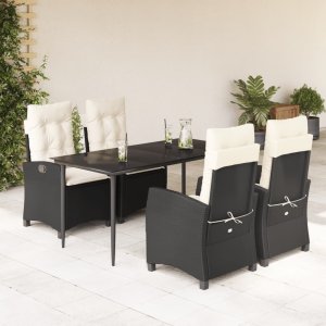 vidaXL VidaXL 5 Piece Patio Dining Set with Cushions Black Poly Rattan 1