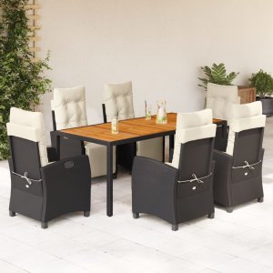 vidaXL VidaXL 7 Piece Patio Dining Set with Cushions Black Poly Rattan 1