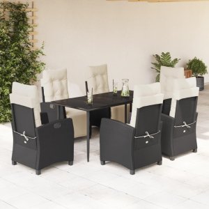 vidaXL VidaXL 7 Piece Patio Dining Set with Cushions Black Poly Rattan 1