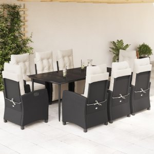 vidaXL VidaXL 9 Piece Patio Dining Set with Cushions Black Poly Rattan 1