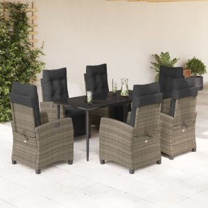 vidaXL VidaXL 7 Piece Patio Dining Set with Cushions Gray Poly Rattan 1