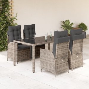 vidaXL VidaXL 5 Piece Patio Dining Set with Cushions Gray Poly Rattan 1