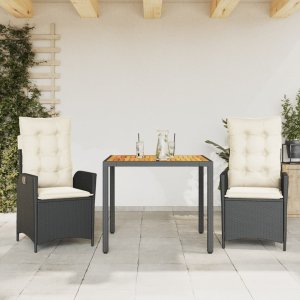 vidaXL VidaXL 3 Piece Patio Dining Set with Cushions Black Poly Rattan 1