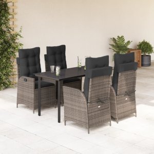 vidaXL VidaXL 5 Piece Patio Dining Set with Cushions Gray Poly Rattan 1