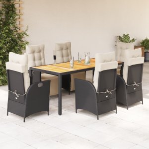 vidaXL VidaXL 7 Piece Patio Dining Set with Cushions Black Poly Rattan 1