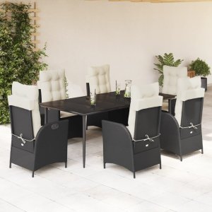 vidaXL VidaXL 7 Piece Patio Dining Set with Cushions Black Poly Rattan 1