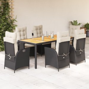 vidaXL VidaXL 7 Piece Patio Dining Set with Cushions Black Poly Rattan 1