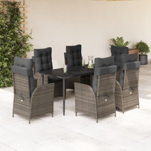 vidaXL VidaXL 7 Piece Patio Dining Set with Cushions Gray Poly Rattan 1