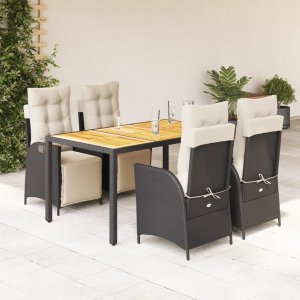 vidaXL VidaXL 5 Piece Patio Dining Set with Cushions Black Poly Rattan 1