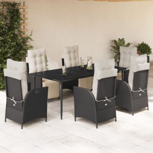 vidaXL VidaXL 7 Piece Patio Dining Set with Cushions Black Poly Rattan 1