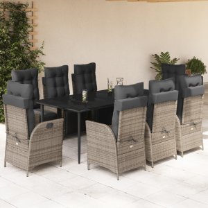 vidaXL VidaXL 9 Piece Patio Dining Set with Cushions Gray Poly Rattan 1