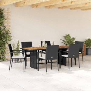 vidaXL VidaXL 7 Piece Patio Dining Set with Cushions Black Poly Rattan 1