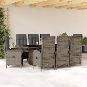 vidaXL VidaXL 9 Piece Patio Dining Set with Cushions Gray Poly Rattan 1