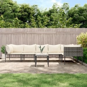 vidaXL VidaXL 7 Piece Patio Lounge Set with Cushions Gray Poly Rattan 1