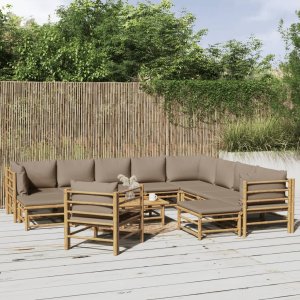 vidaXL VidaXL 12 Piece Patio Lounge Set with Taupe Cushions Bamboo 1