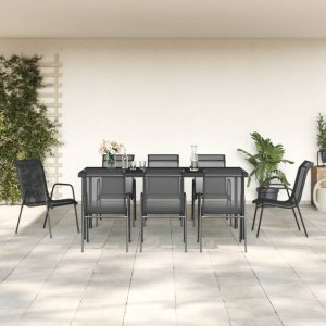 vidaXL VidaXL 9 Piece Patio Dining Set Black Steel and Textilene 1