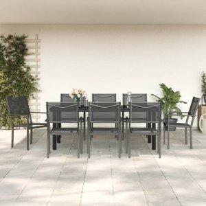 vidaXL VidaXL 9 Piece Patio Dining Set Black Steel and Textilene 1