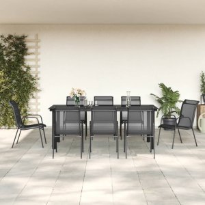 vidaXL VidaXL 9 Piece Patio Dining Set Black Steel and Textilene 1