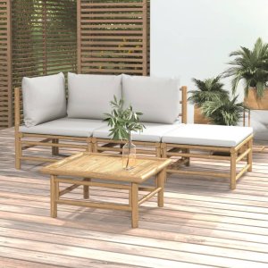 vidaXL VidaXL 4 Piece Patio Lounge Set with Light Gray Cushions Bamboo 1