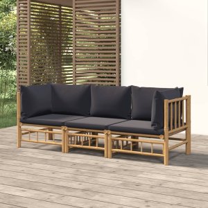 vidaXL VidaXL 3 Piece Patio Lounge Set with Dark Gray Cushions Bamboo 1