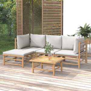 vidaXL VidaXL 5 Piece Patio Lounge Set with Light Gray Cushions Bamboo 1