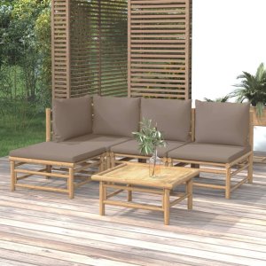 vidaXL VidaXL 5 Piece Patio Lounge Set with Taupe Cushions Bamboo 1