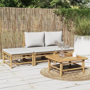 vidaXL VidaXL 4 Piece Patio Lounge Set with Light Gray Cushions Bamboo 1