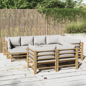 vidaXL VidaXL 10 Piece Patio Lounge Set with Light Gray Cushions Bamboo 1