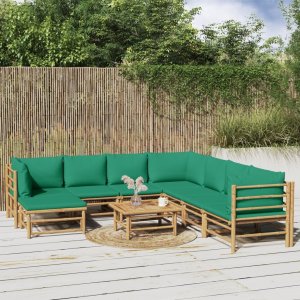 vidaXL VidaXL 9 Piece Patio Lounge Set with Green Cushions Bamboo 1