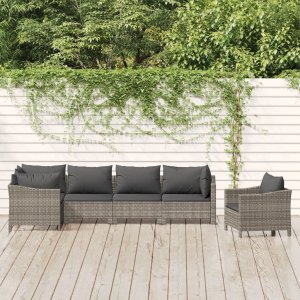 vidaXL VidaXL 6 Piece Patio Lounge Set with Cushions Gray Poly Rattan 1