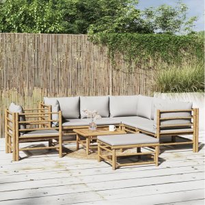 vidaXL VidaXL 8 Piece Patio Lounge Set with Light Gray Cushions Bamboo 1