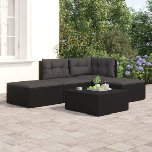 vidaXL VidaXL 4 Piece Patio Lounge Set with Cushions Black Poly Rattan 1