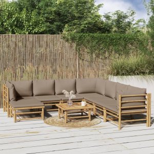 vidaXL VidaXL 9 Piece Patio Lounge Set with Taupe Cushions Bamboo 1