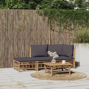 vidaXL VidaXL 3 Piece Patio Lounge Set with Dark Gray Cushions Bamboo 1