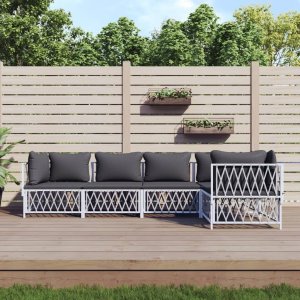 vidaXL VidaXL 5 Piece Patio Lounge Set with Cushions White Steel 1