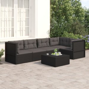 vidaXL VidaXL 5 Piece Patio Lounge Set with Cushions Black Poly Rattan 1