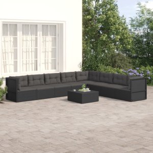 vidaXL VidaXL 8 Piece Patio Lounge Set with Cushions Black Poly Rattan 1