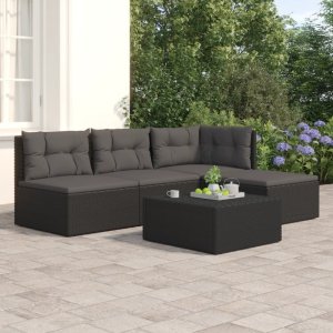 vidaXL VidaXL 4 Piece Patio Lounge Set with Cushions Black Poly Rattan 1