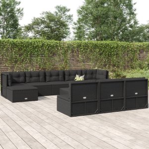 vidaXL VidaXL 10 Piece Patio Lounge Set with Cushions Black Poly Rattan 1